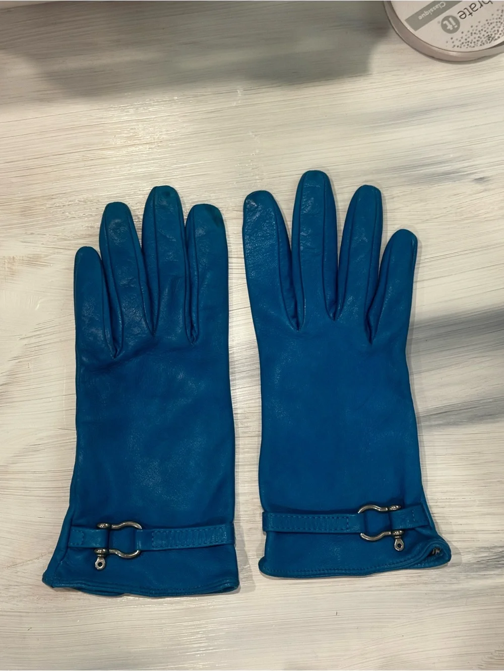 BURBERRY Cobalt Blue Leather and Silk Women's Gloves with Silver Accent